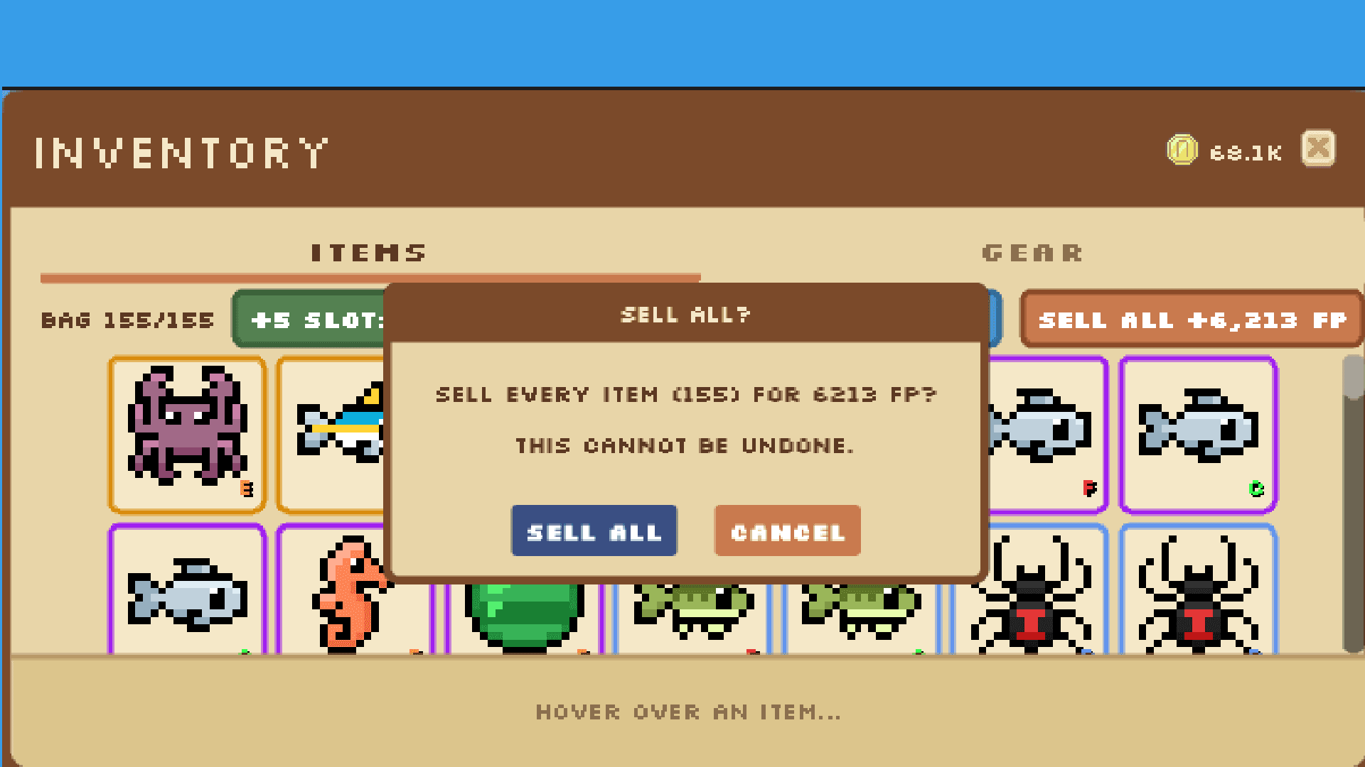 Pier Pals: the inventory screen